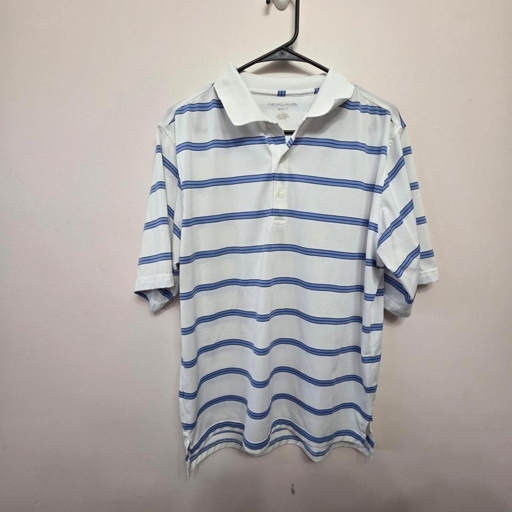 Nicklaus Golf Mens Large White Blue Striped Short Sleeve Polo Shirt Polyester